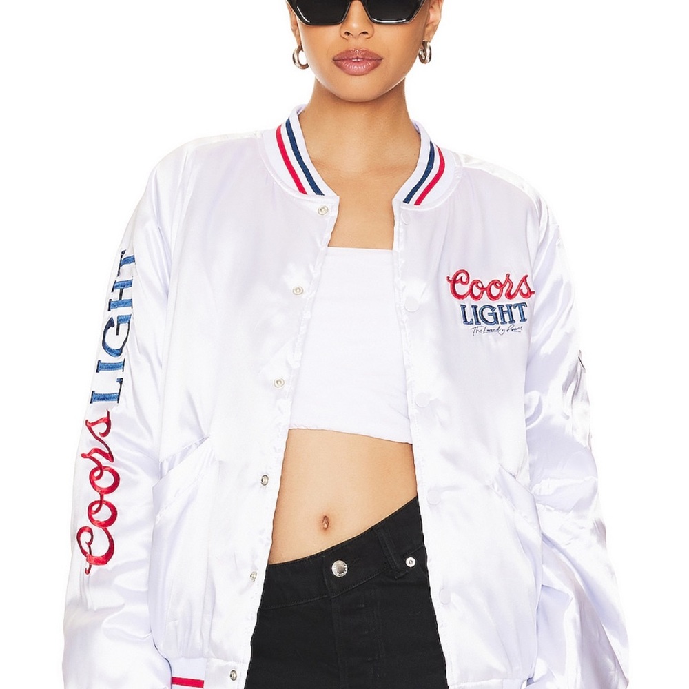 The Laundry Room White Bomber Jacket with Red & Navy Coors Light Script - Picture 2 of 7